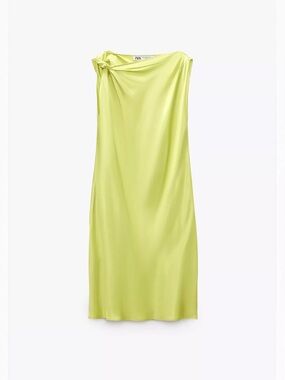 Zara Lime Green One-Shoulder Knot Satin Dress
